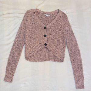 Knitted Cropped Sweater: Blush Pink with 3 Dark Brown Buttons